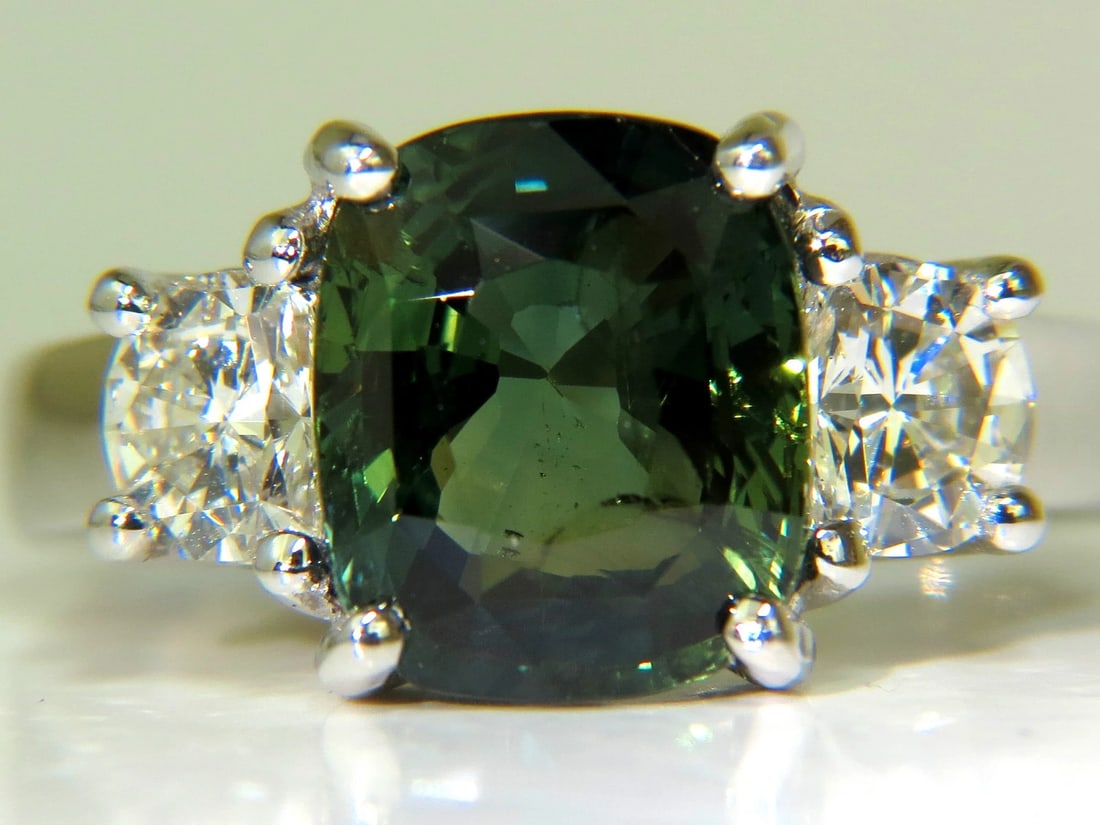 CERTIFIED 6.96CT NO HEAT NATURAL GREEN SAPPHIRE DIAMOND RING UNHEATED - 10