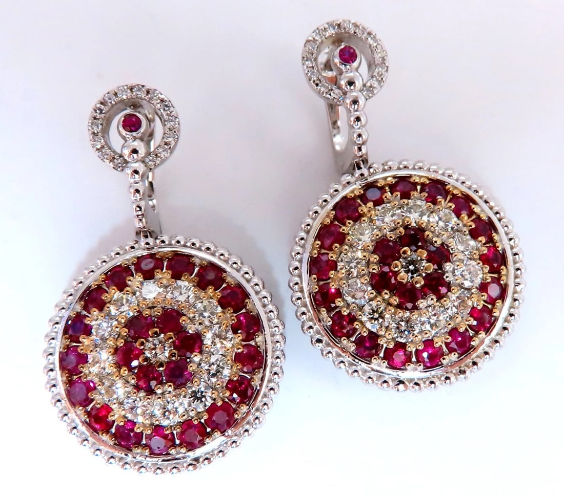 Natural 5.20ct Ruby Diamonds Dangle Earrings 14kt Bullseye Statement**: Title: Natural 5.20ct Ruby Diamonds Dangle Earrings 14kt Bullseye Statement** Description: Chandelier Statement Ruby Diamonds Dangling throughout 3.20ct. Natural Red Rubies. Rubies: Rounds Full Cuts.
