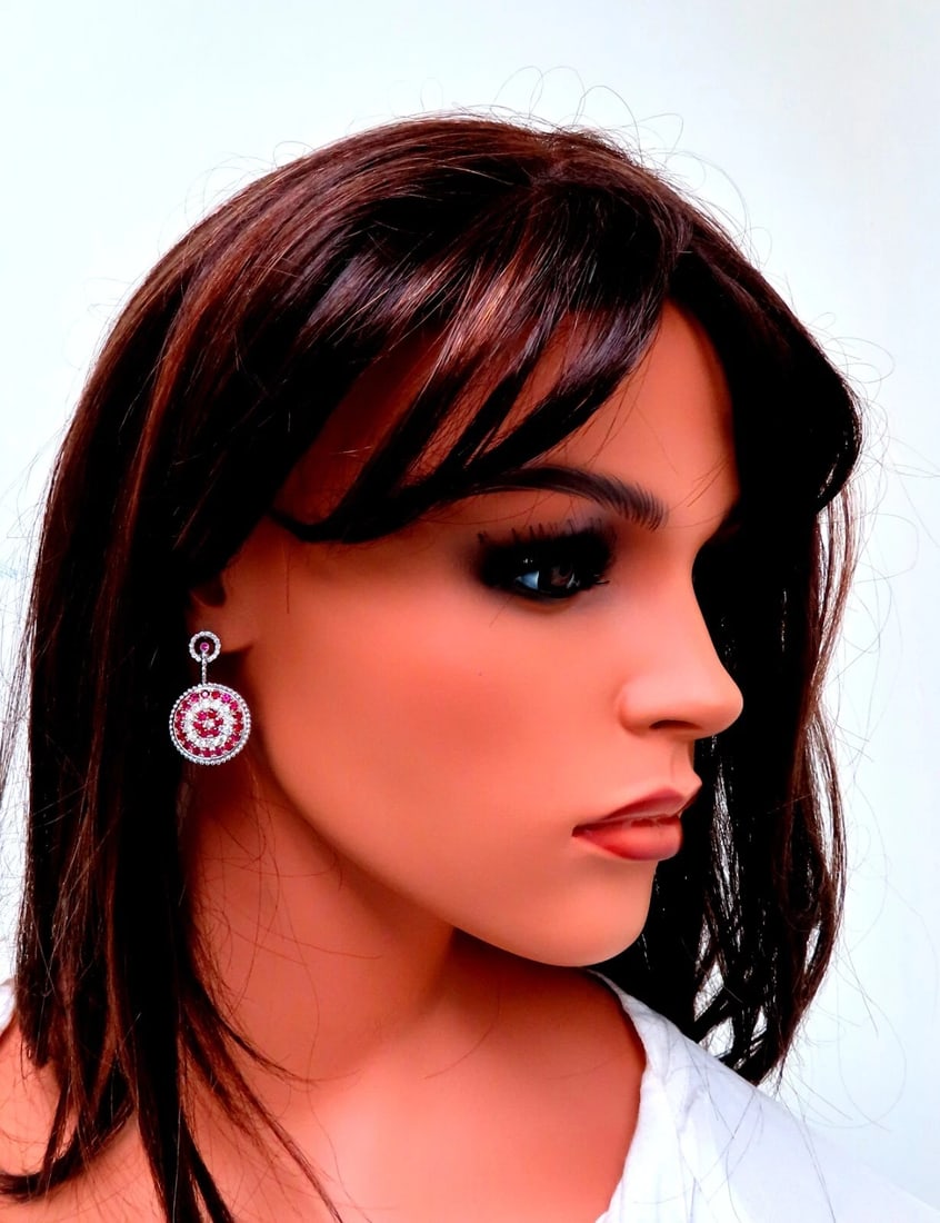 Natural 5.20ct Ruby Diamonds Dangle Earrings 14kt Bullseye Statement** - 9