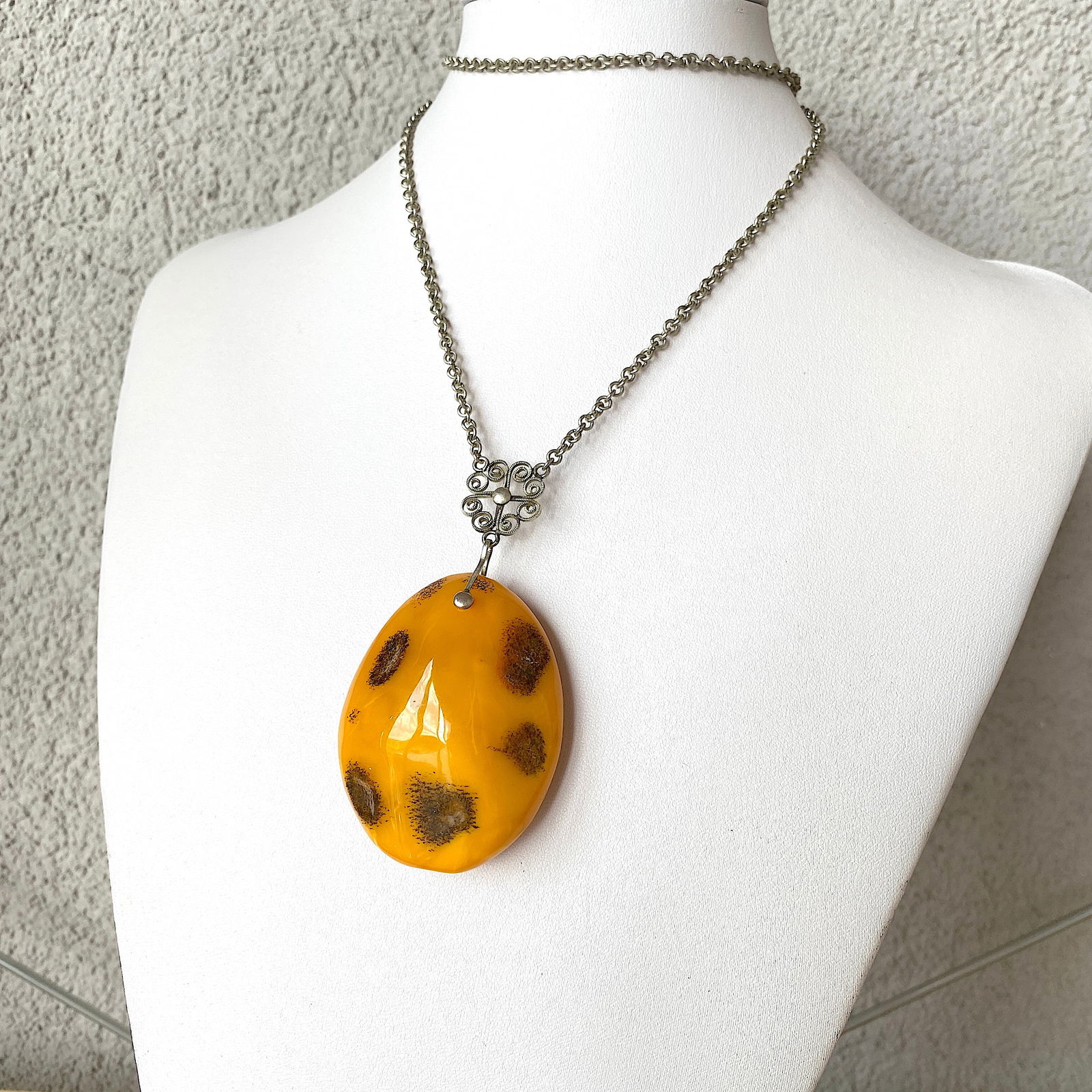 Amazing Unique Vintage Amber Pendant with chain, shaped like a Drop (1 of 9)