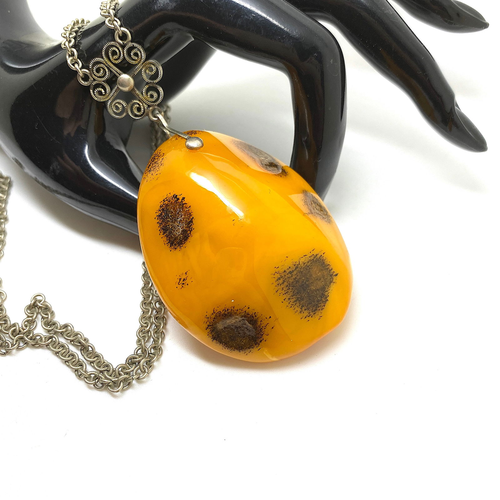 Amazing Unique Vintage Amber Pendant with chain, shaped like a Drop - 5