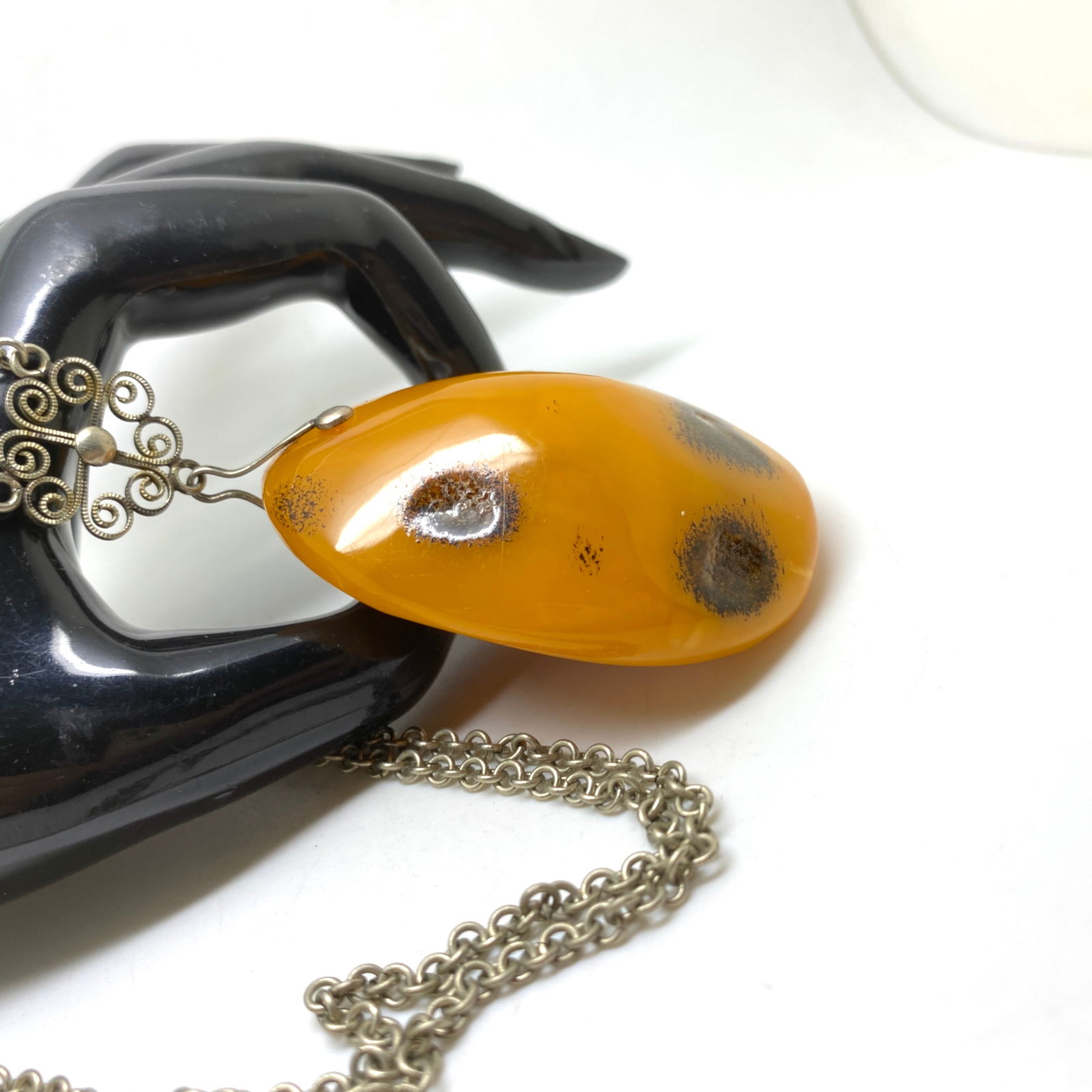 Amazing Unique Vintage Amber Pendant with chain, shaped like a Drop - 6