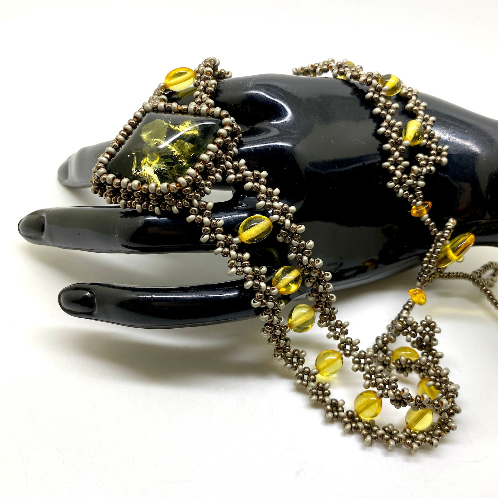 Antique Amber Floral Choker made from leaf like bead ornaments - 6