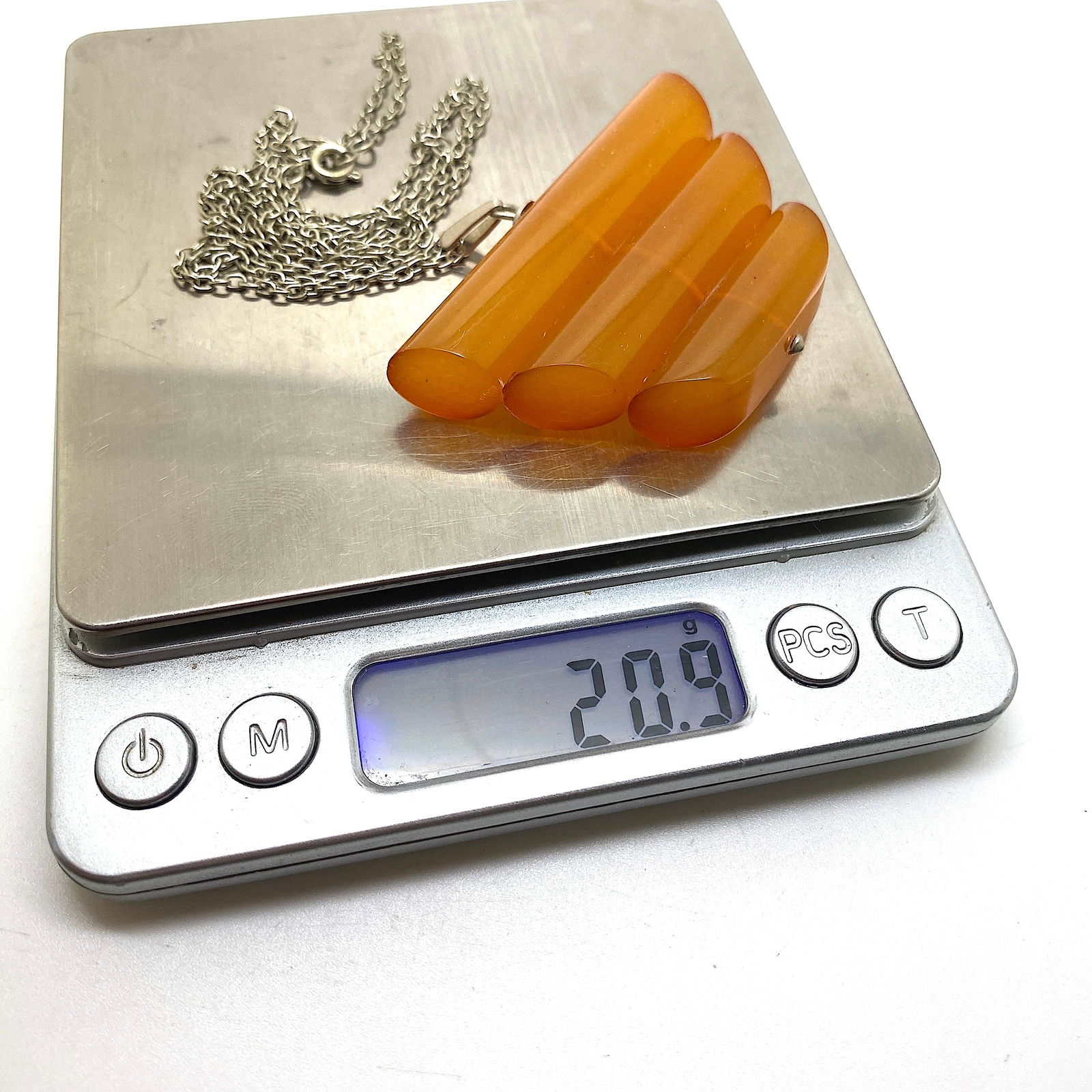 Antique Amber Pendant with chain, shaped like an Ornament - 6