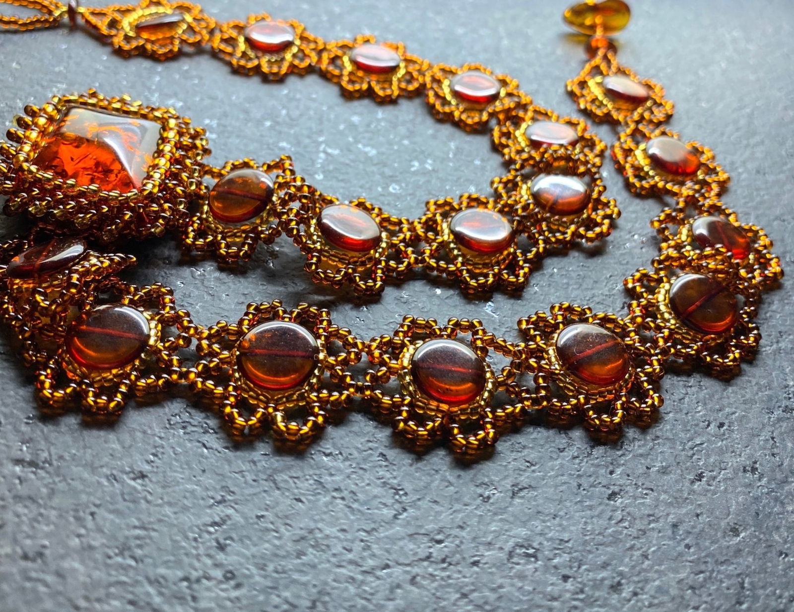 Fascinating Vintage Amber Floral Necklace made from leaf like bead ornaments - 2