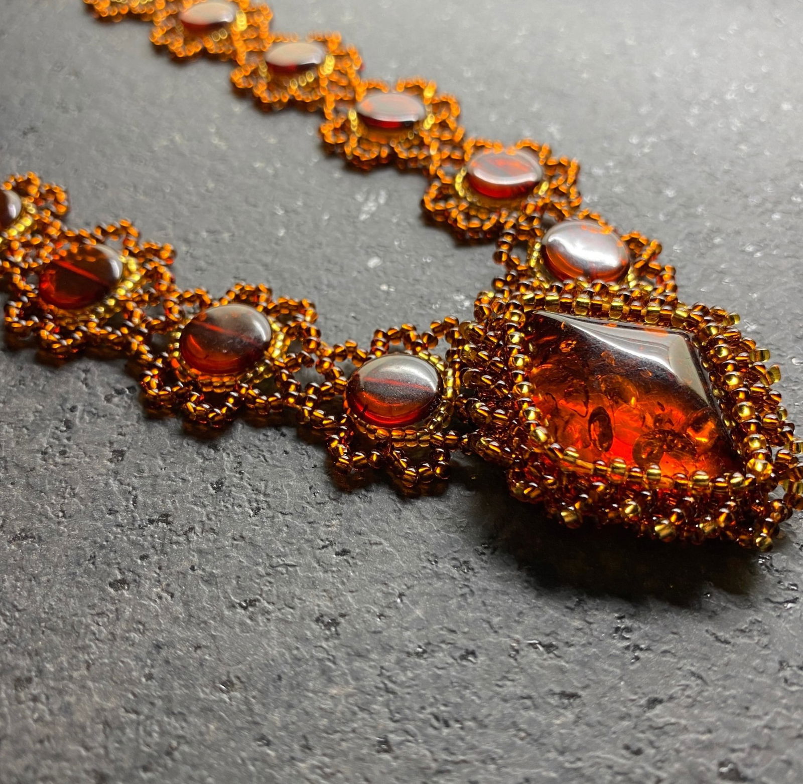 Fascinating Vintage Amber Floral Necklace made from leaf like bead ornaments - 5