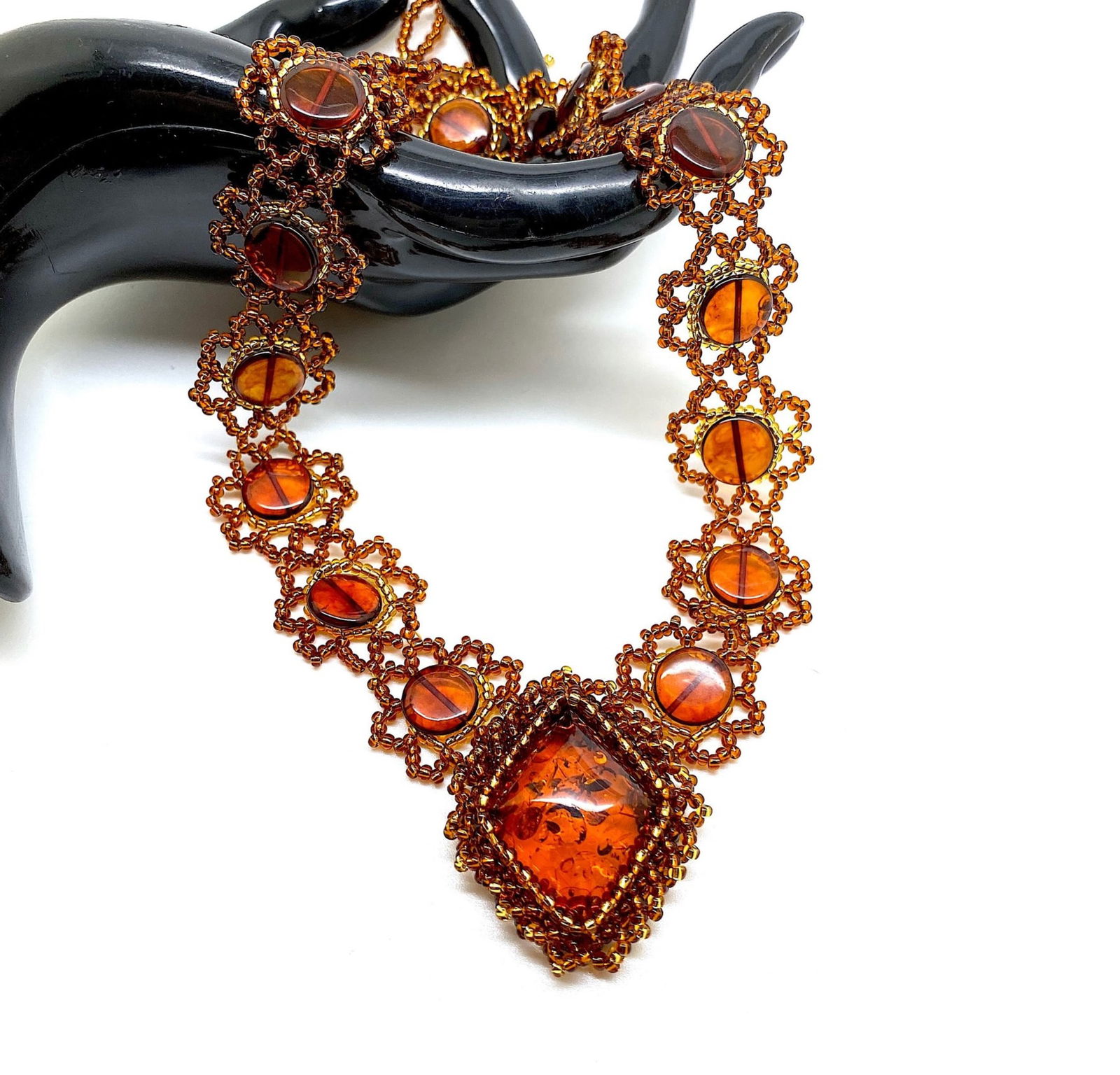Fascinating Vintage Amber Floral Necklace made from leaf like bead ornaments - 6