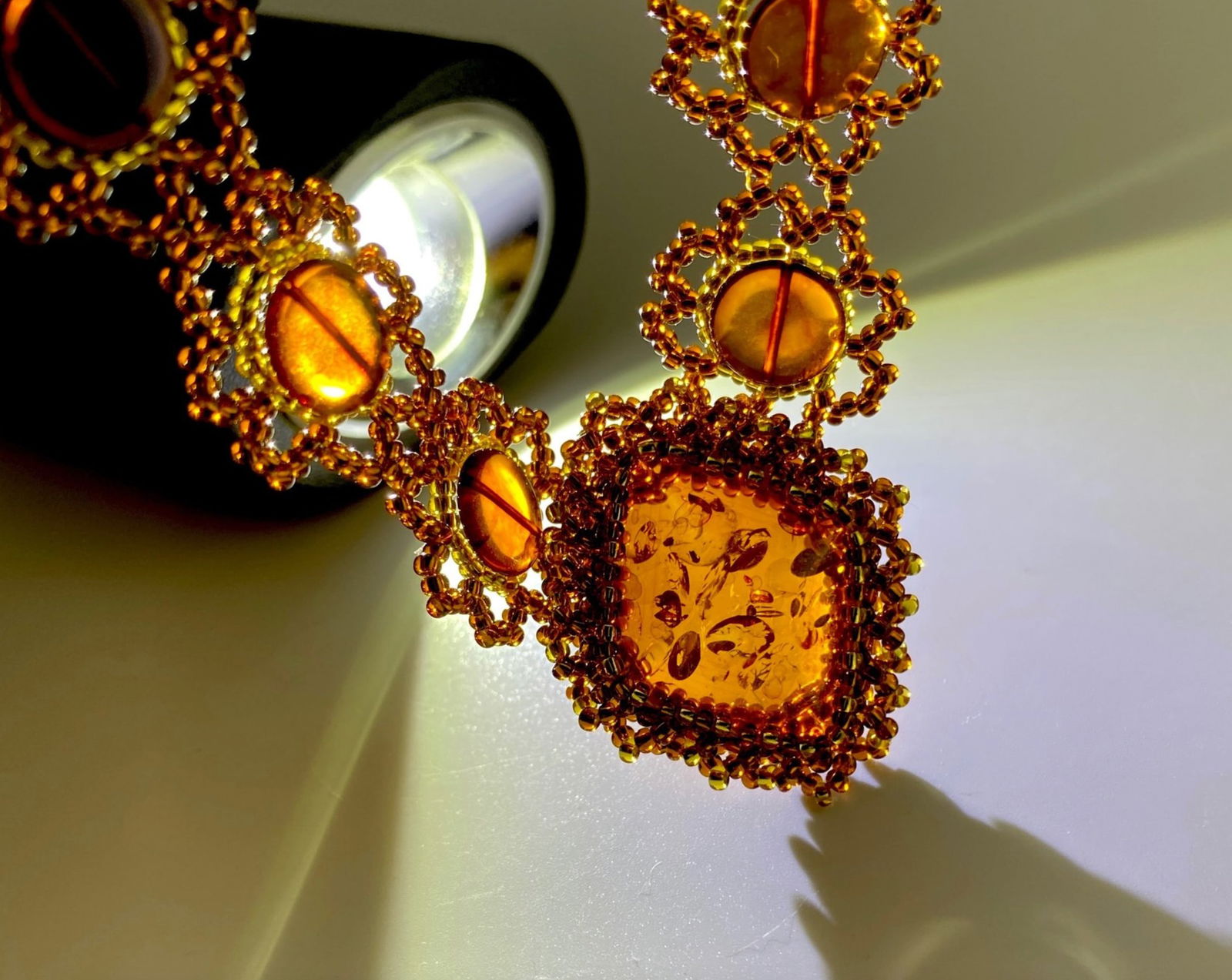 Fascinating Vintage Amber Floral Necklace made from leaf like bead ornaments - 8