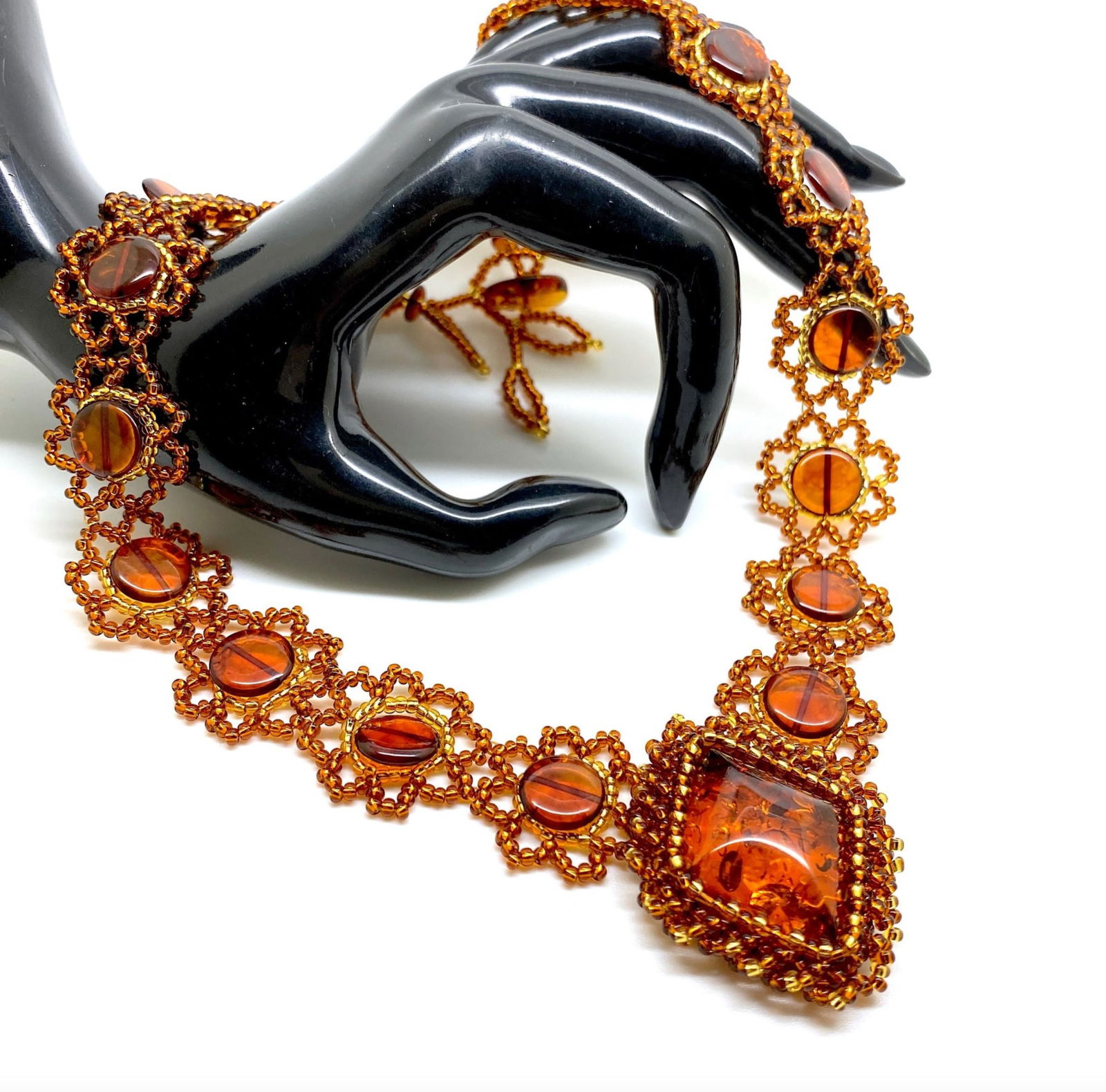 Fascinating Vintage Amber Floral Necklace made from leaf like bead ornaments - 9