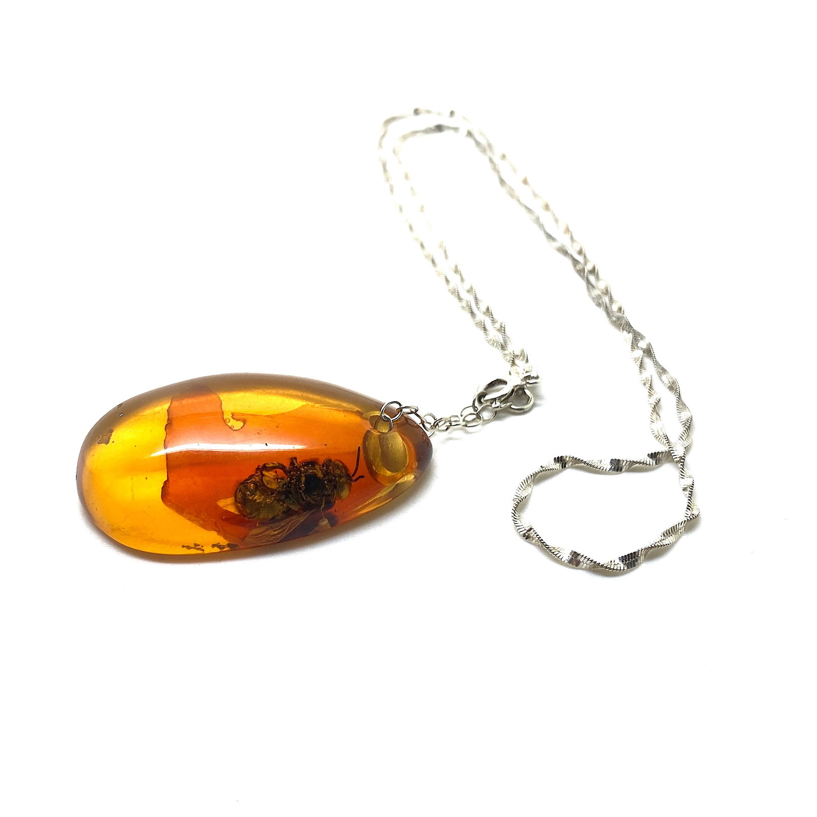 Splendid Amber Pendant with chain, shaped like a Drop with a Bee - 4
