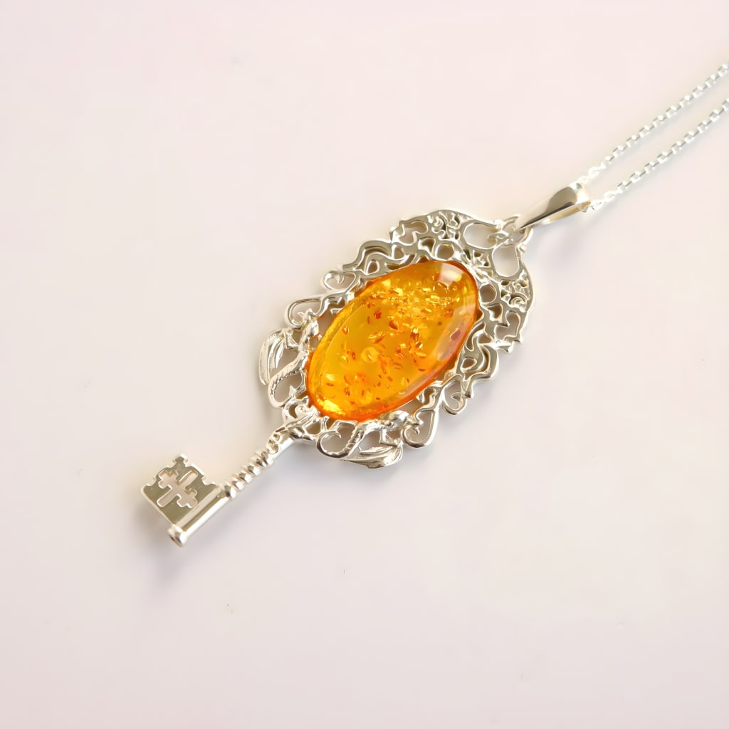 Baltic Amber Key Pendant Necklace in Sterling Silver - 3