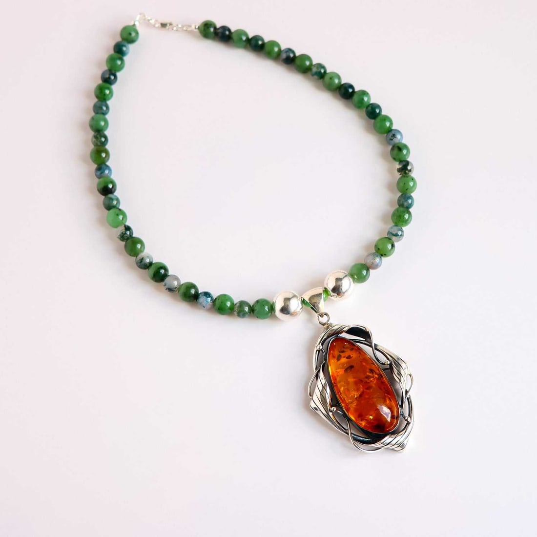 Cognac Amber Statement Necklace – Jade and Sterling Silver - 2