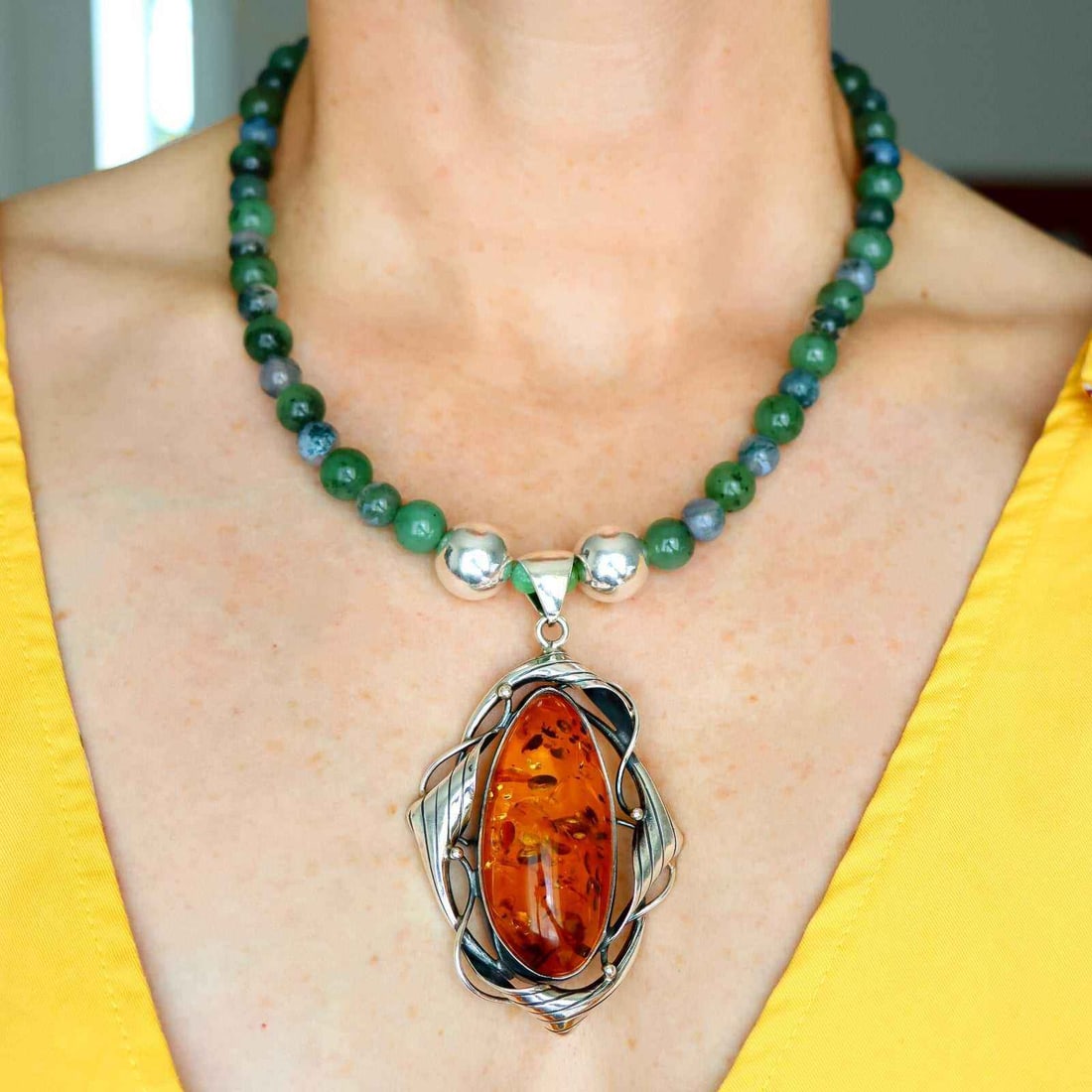 Cognac Amber Statement Necklace – Jade and Sterling Silver - 3