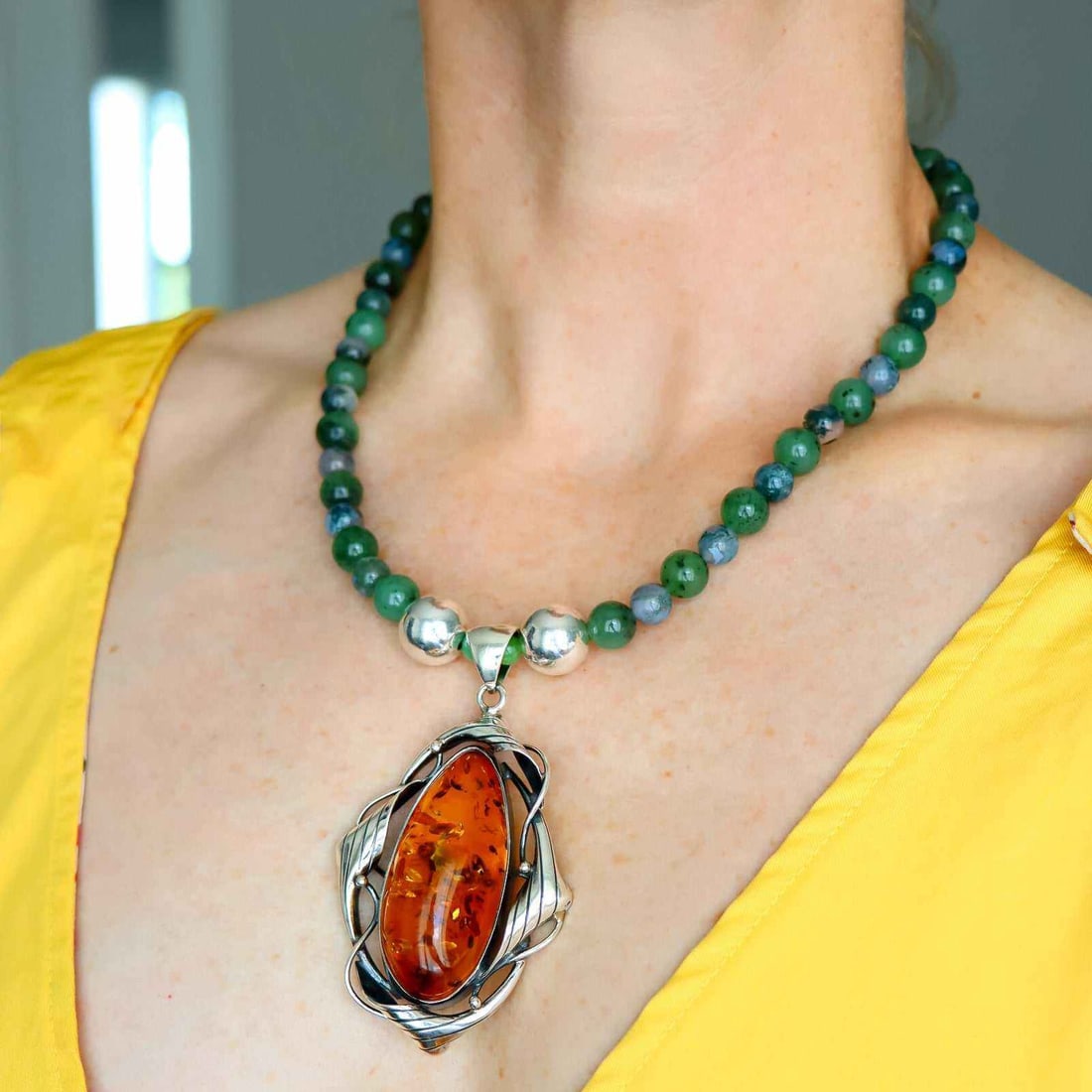 Cognac Amber Statement Necklace – Jade and Sterling Silver - 4