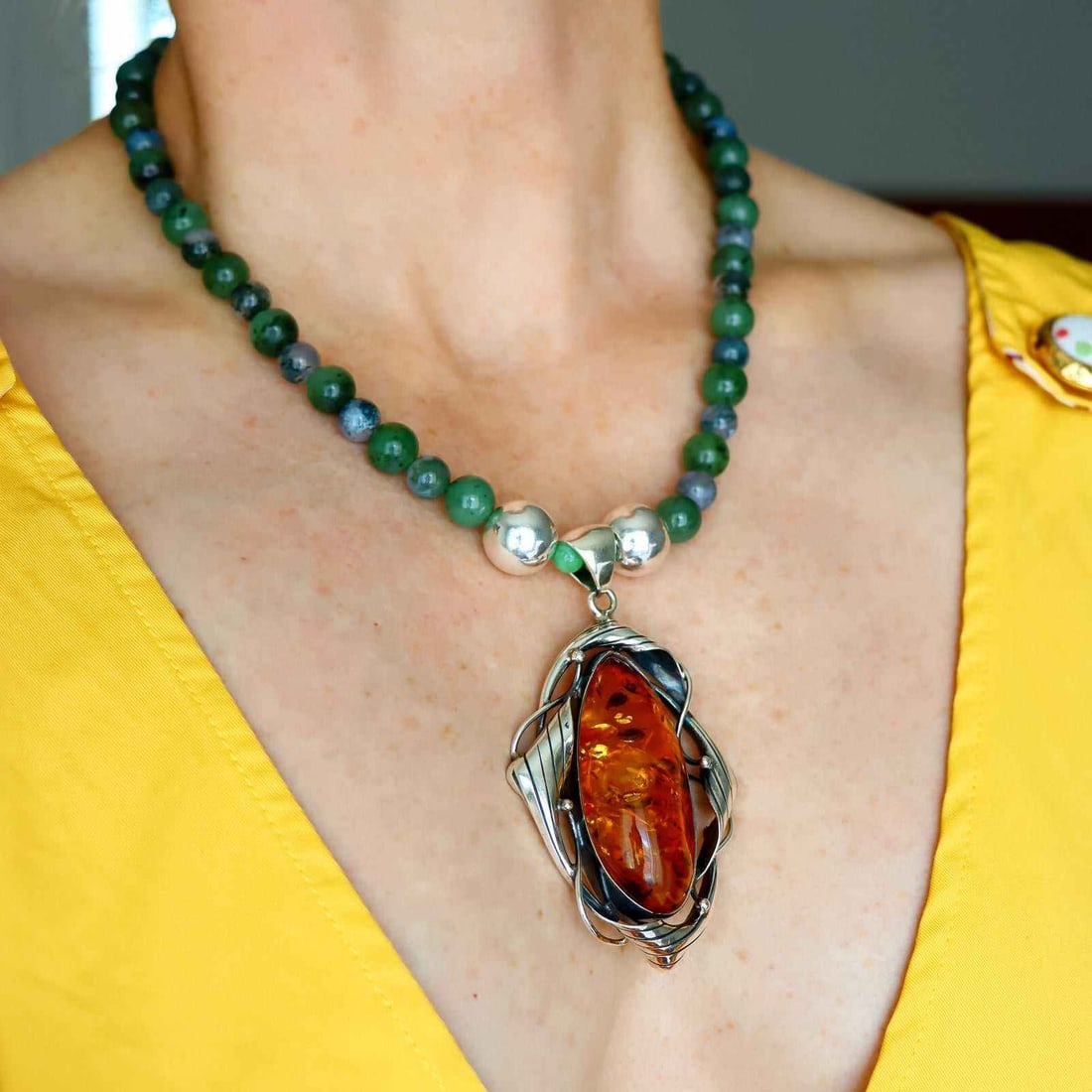Cognac Amber Statement Necklace – Jade and Sterling Silver - 5