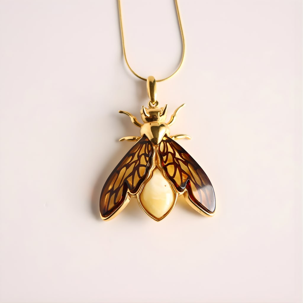 Gold Bumble Bee Amber Necklace- Gold Plated Silver: Title:Gold Bumble Bee Amber Necklace- Gold Plated Silver Description:This bumble bee amber necklace features a detailed gold bee design crafted with laser-cut Baltic amber wings and a creamy amber bod