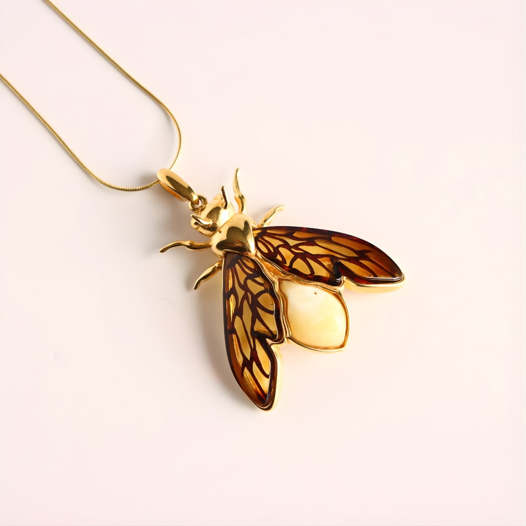 Gold Bumble Bee Amber Necklace- Gold Plated Silver - 2