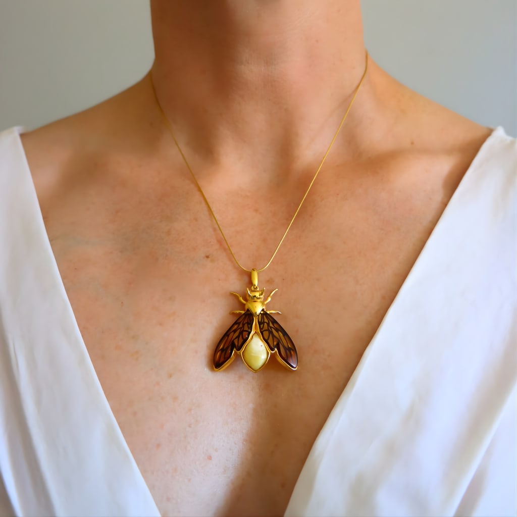 Gold Bumble Bee Amber Necklace- Gold Plated Silver - 5