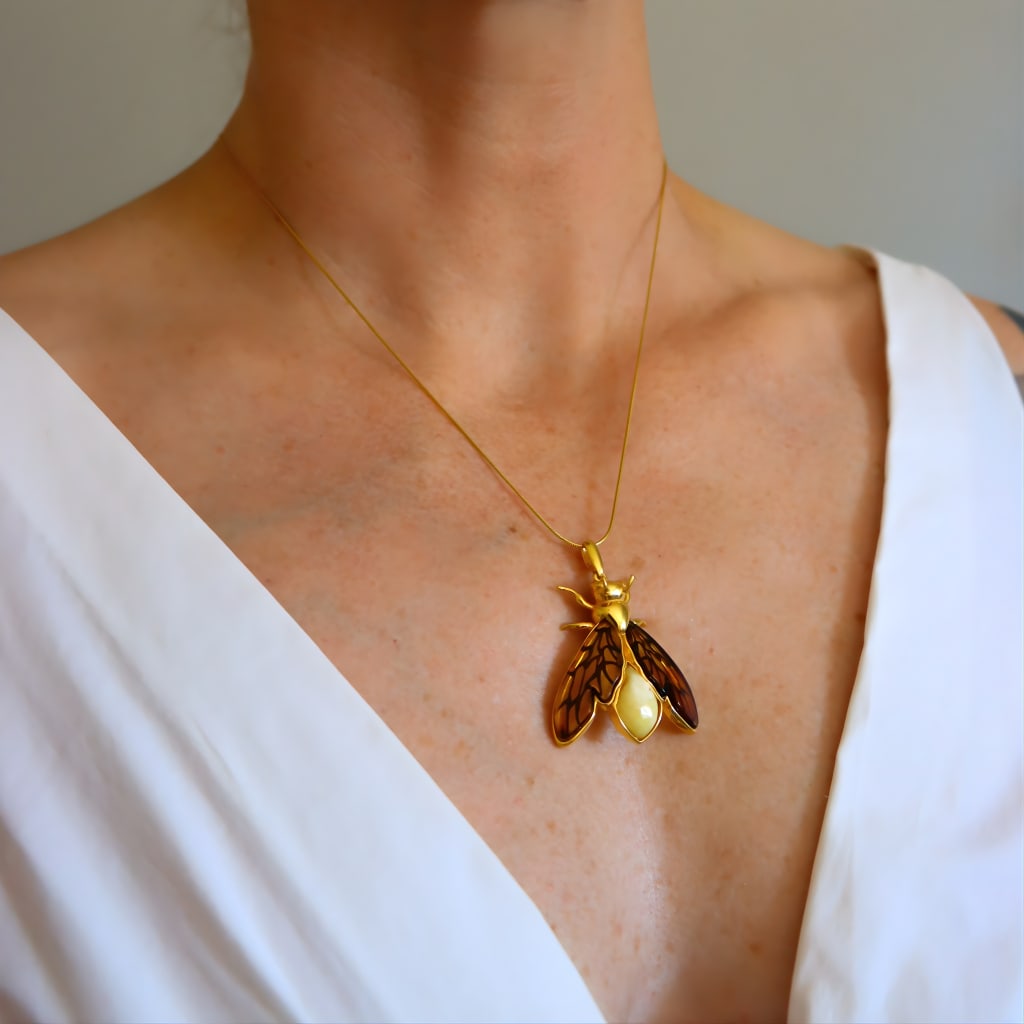 Gold Bumble Bee Amber Necklace- Gold Plated Silver - 6