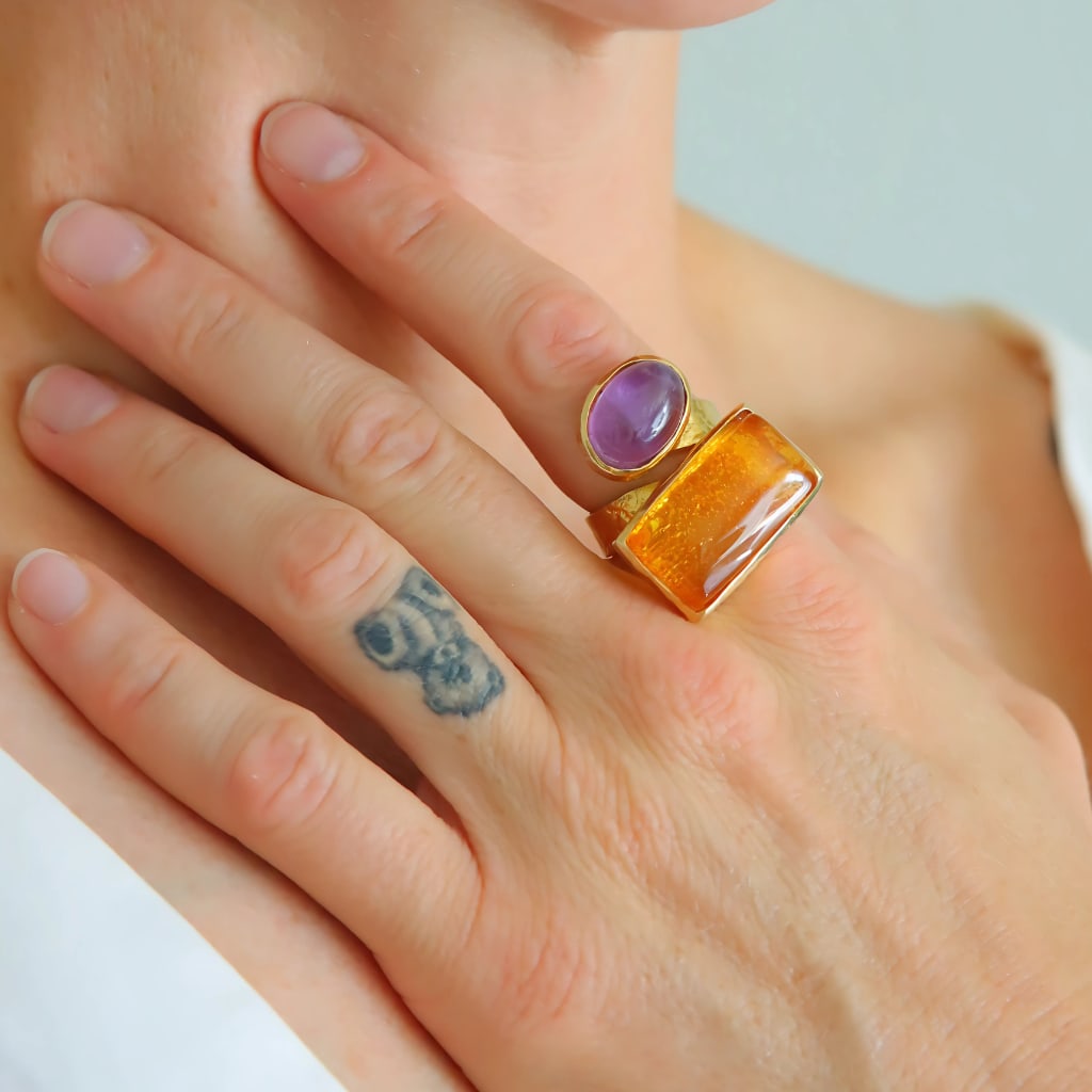 Honey Amber Ring with Purple Amethyst- 14k Gold Plated 925 Silver: Title:Honey Amber Ring with Purple Amethyst- 14k Gold Plated 925 Silver Description:This Baltic amber ring brings together glowing honey amber and a radiant amethyst, hand-set in 14k gold plated 925 s