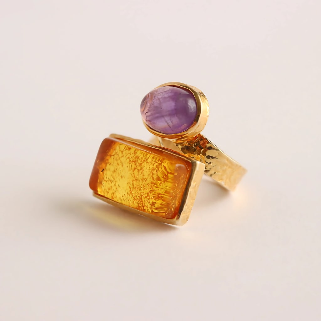 Honey Amber Ring with Purple Amethyst- 14k Gold Plated 925 Silver - 2