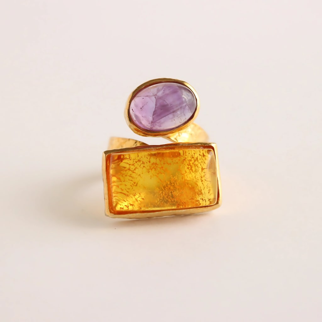 Honey Amber Ring with Purple Amethyst- 14k Gold Plated 925 Silver - 3