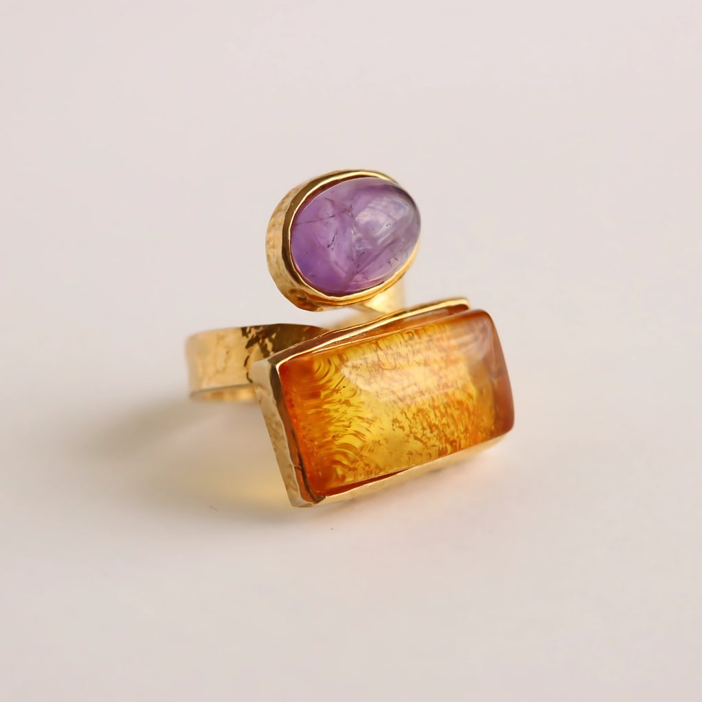 Honey Amber Ring with Purple Amethyst- 14k Gold Plated 925 Silver - 4