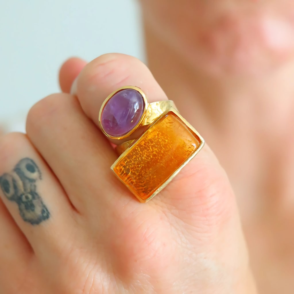 Honey Amber Ring with Purple Amethyst- 14k Gold Plated 925 Silver - 5