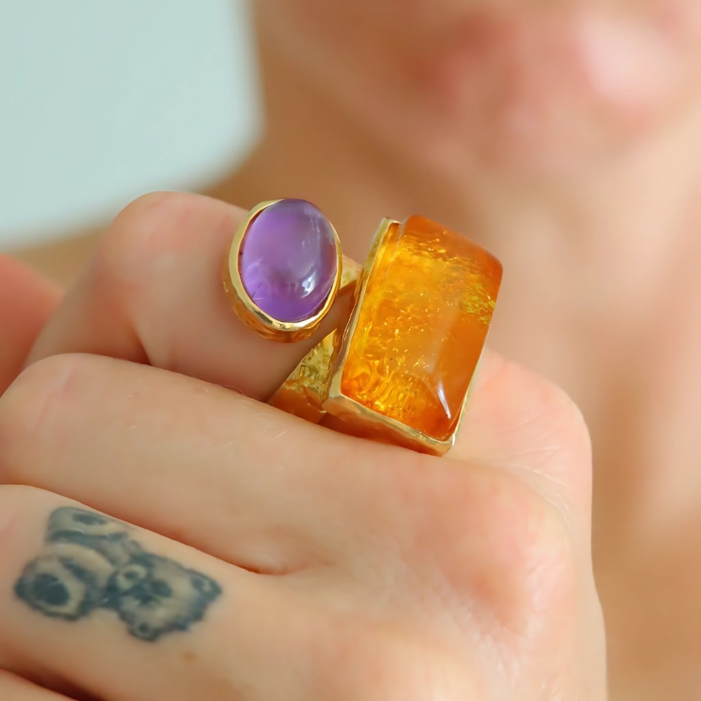 Honey Amber Ring with Purple Amethyst- 14k Gold Plated 925 Silver - 6