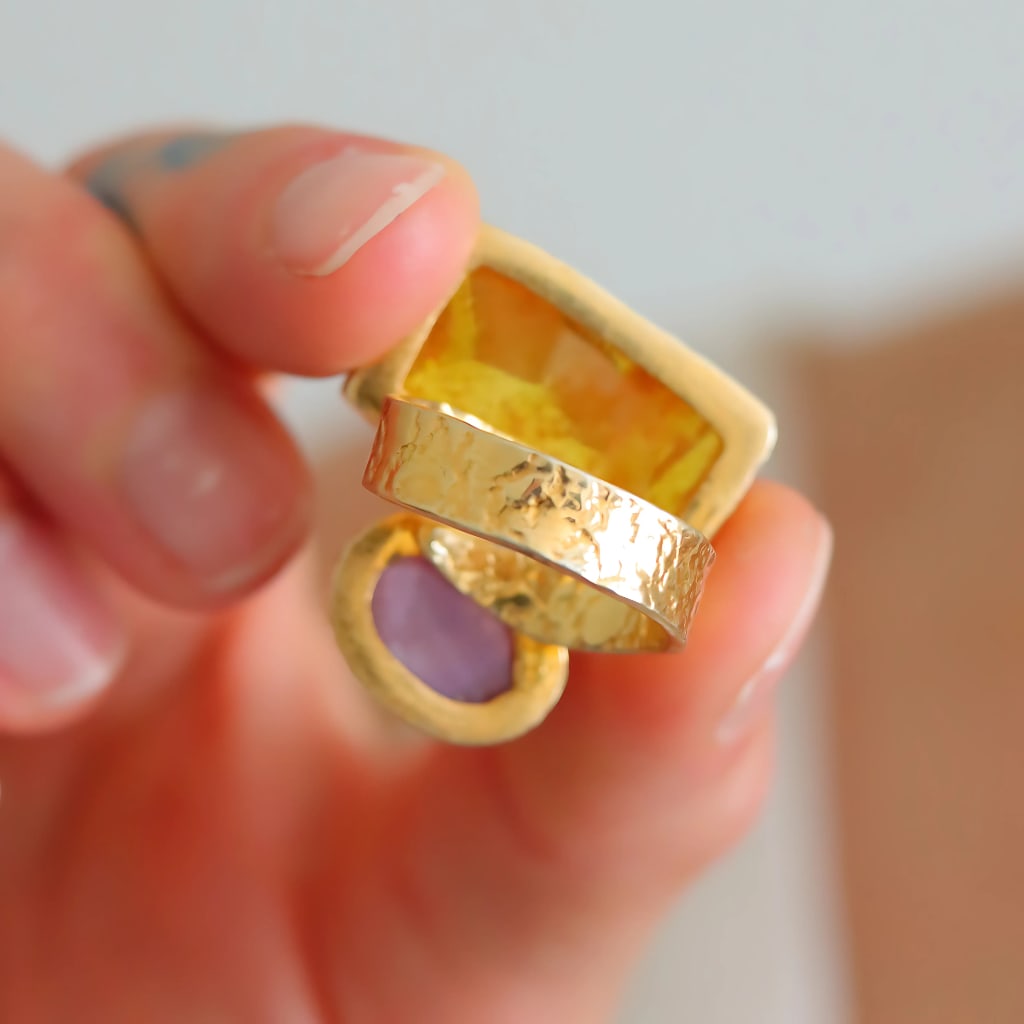 Honey Amber Ring with Purple Amethyst- 14k Gold Plated 925 Silver - 7