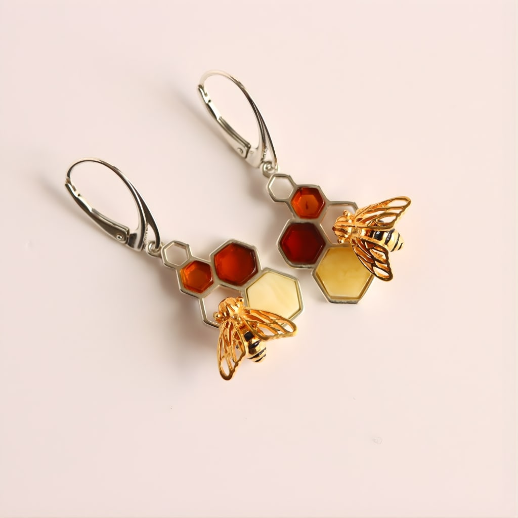 Gold Bee Honeycomb Amber Earrings - Sterling Silver - 2