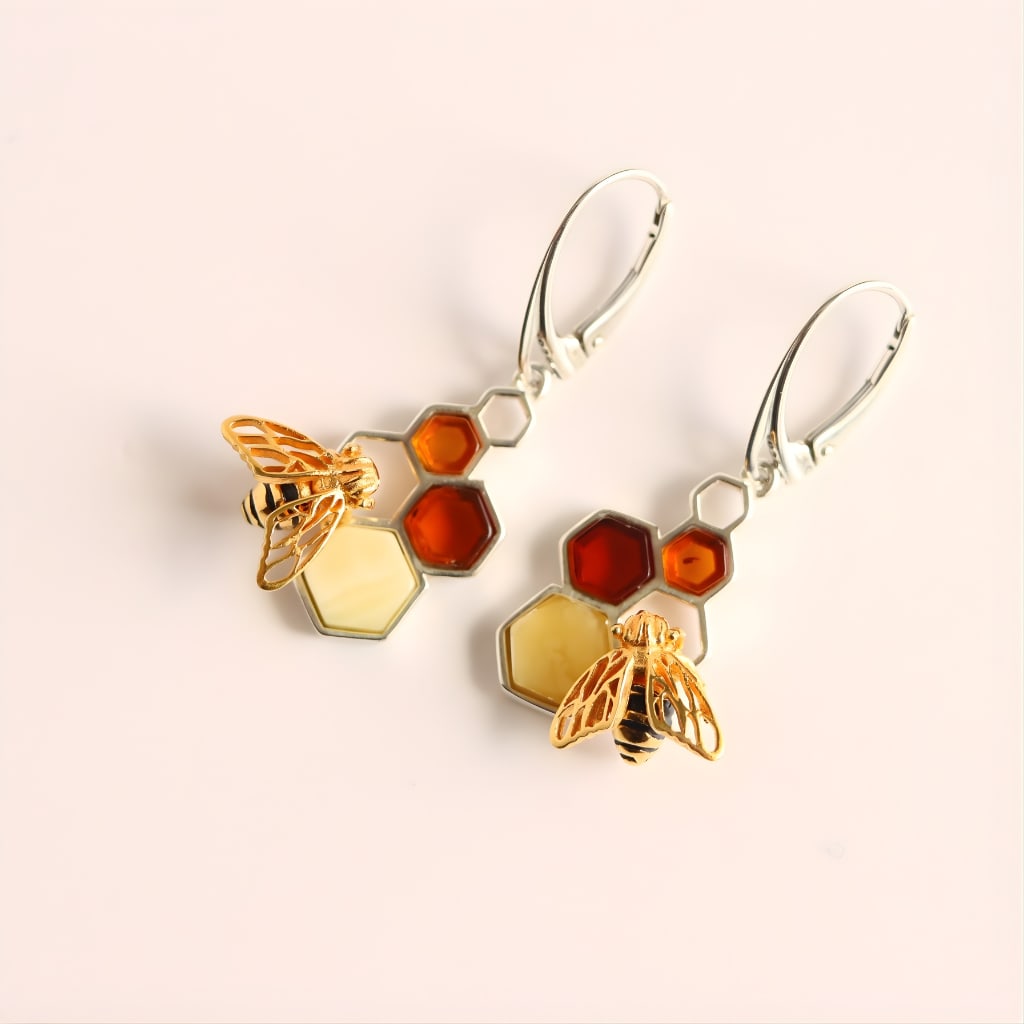 Gold Bee Honeycomb Amber Earrings - Sterling Silver - 3