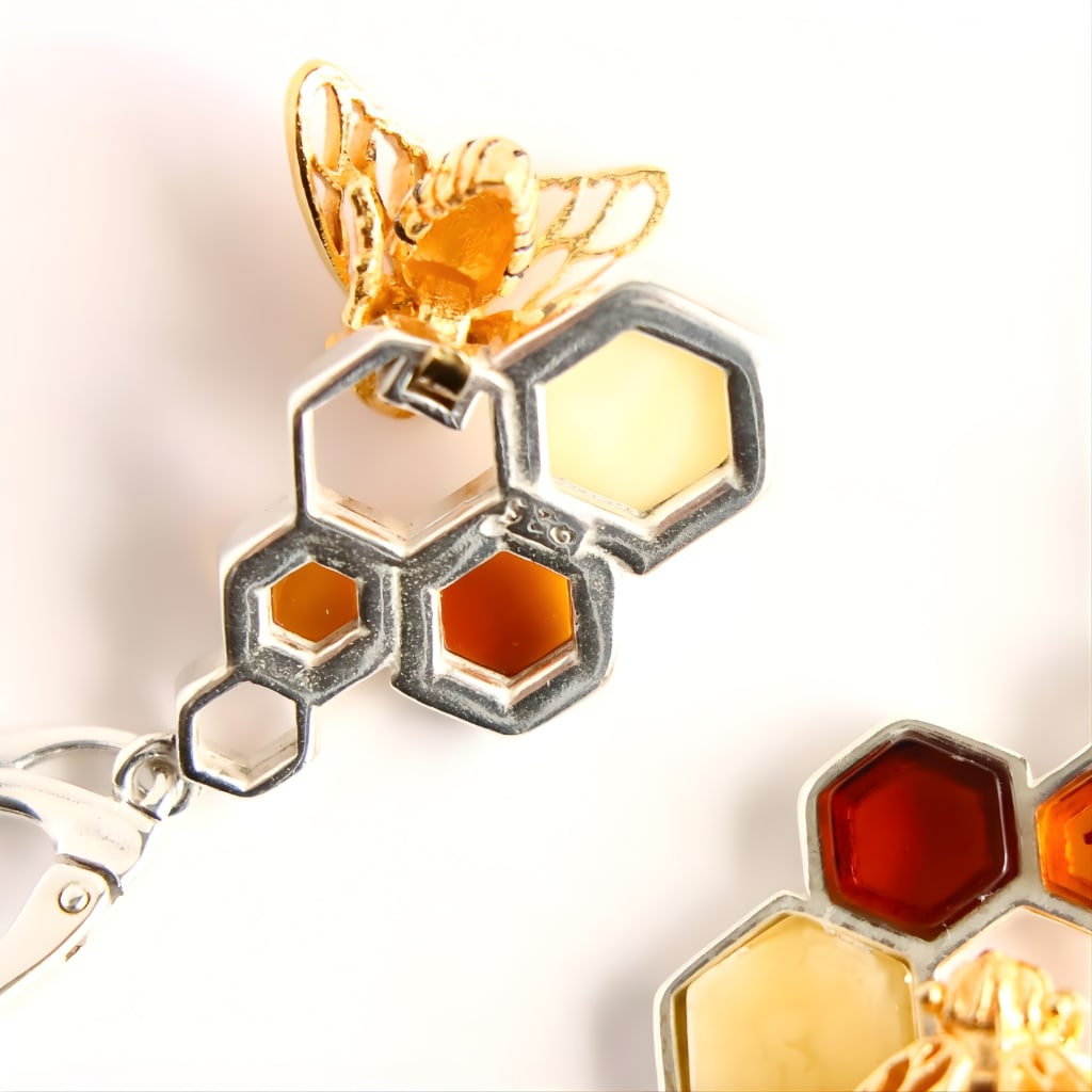 Gold Bee Honeycomb Amber Earrings - Sterling Silver - 4