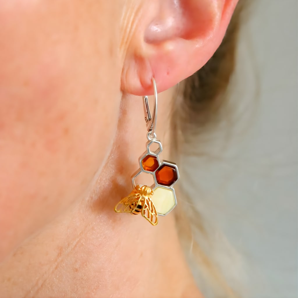 Gold Bee Honeycomb Amber Earrings - Sterling Silver - 5