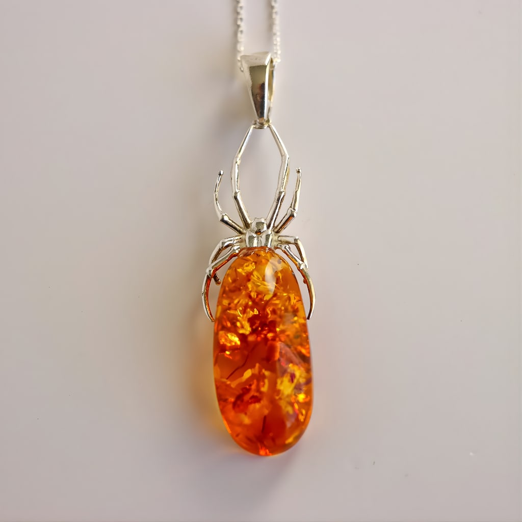 Silver Spider Amber Necklace -Sterling Silver Design - 2