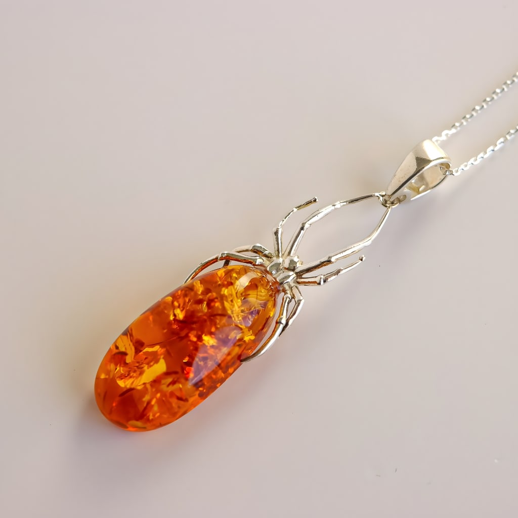 Silver Spider Amber Necklace -Sterling Silver Design - 3
