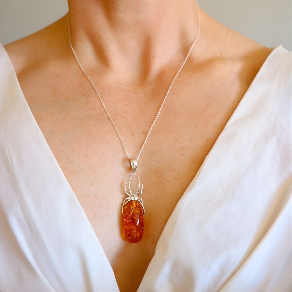 Silver Spider Amber Necklace -Sterling Silver Design - 5