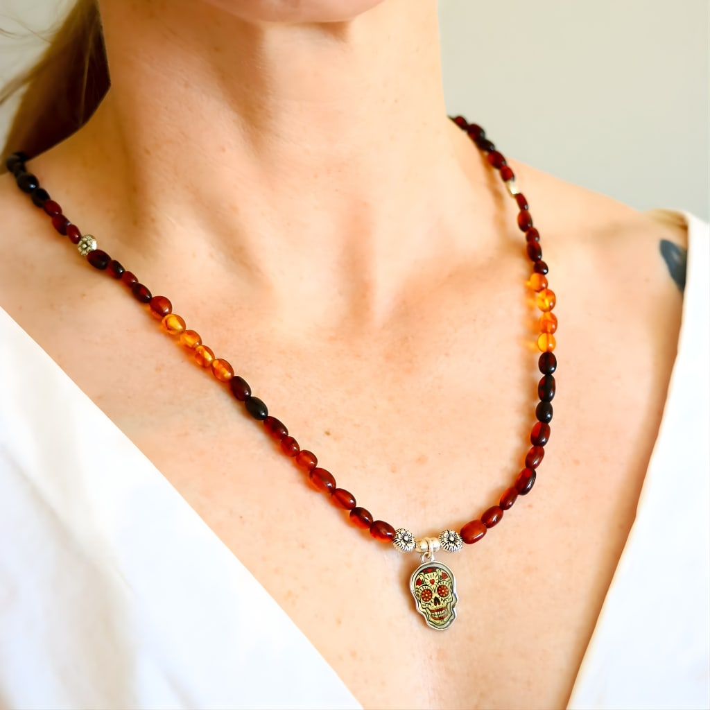 Day Of The Dead Baltic Amber Beaded Necklace - 2