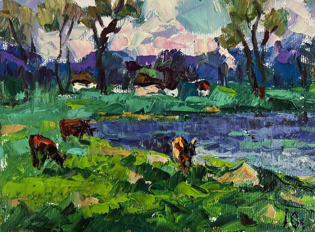 Oil painting Green meadows and a lake Oleksiy Ivanyuk: Title: Oil painting Green meadows and a lake Oleksiy Ivanyuk Description: №AAA6174 *** ABOUT THIS PAINTING *** * TITLE: "Green meadows and a lake" * ARTISTS: Oleksiy Ivanyuk* SIZE: 15x20 cm/5.90