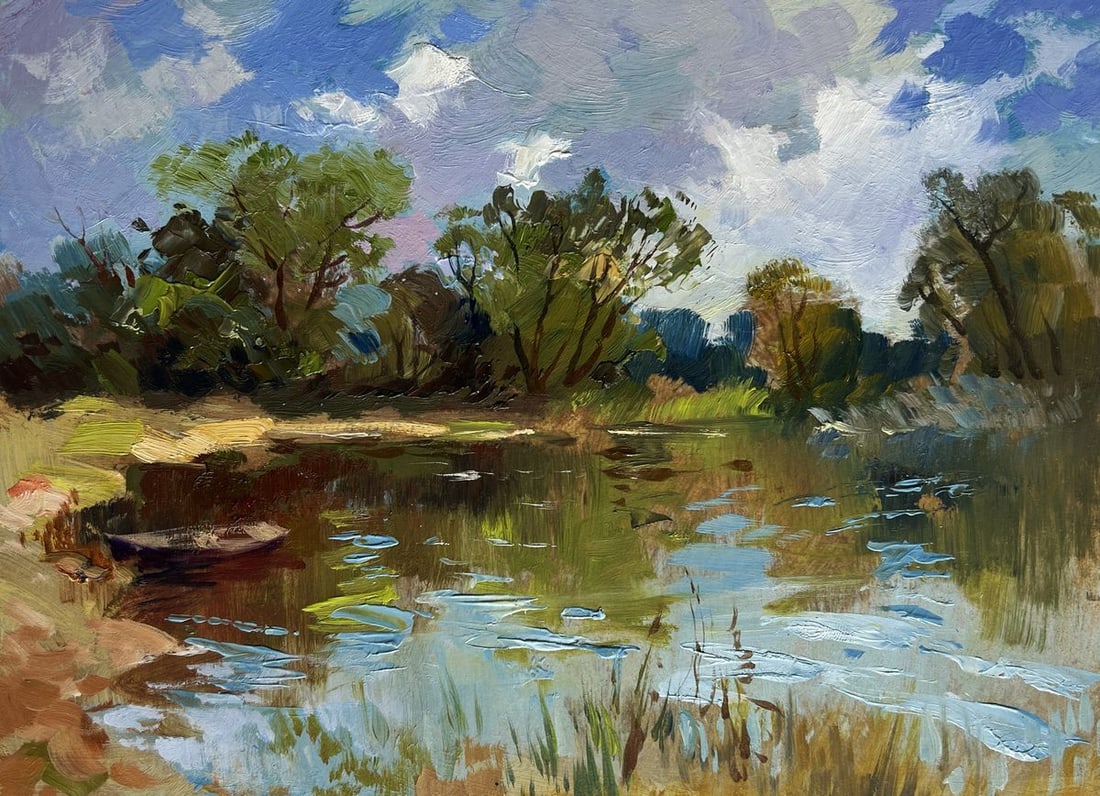 Oil painting Forest lake in silence Yuriy Suprunchuk: Title: Oil painting Forest lake in silence Yuriy Suprunchuk Description: №AAA4282 The painting "Forest Lake in Silence" captures the tranquil beauty of a secluded water body surrounded by lush g