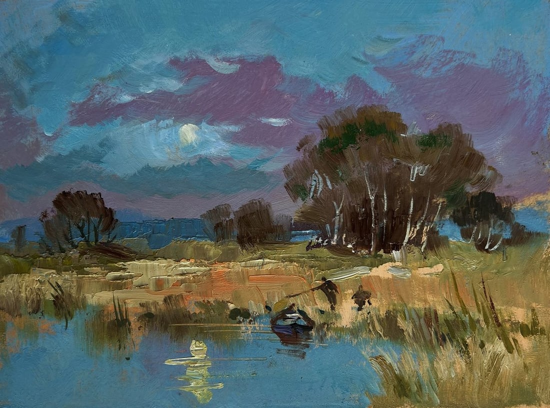 Oil painting In the field near the lake Yuriy Suprunchuk: Title: Oil painting In the field near the lake Yuriy Suprunchuk Description: №AAA4297 The painting "In the Field Near the Lake" masterfully captures the quiet serenity of nature under the moonli