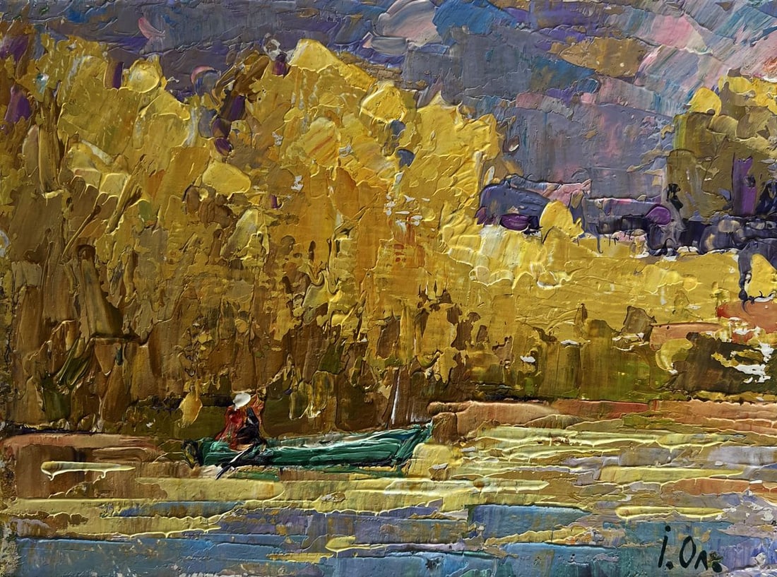 Oil painting On the autumn lake Alex Kalenyuk: Title: Oil painting On the autumn lake Alex Kalenyuk Description: №AAA4495 The painting "On the Autumn Lake" captures the enchanting essence of an autumn afternoon, where golden foliage reflects
