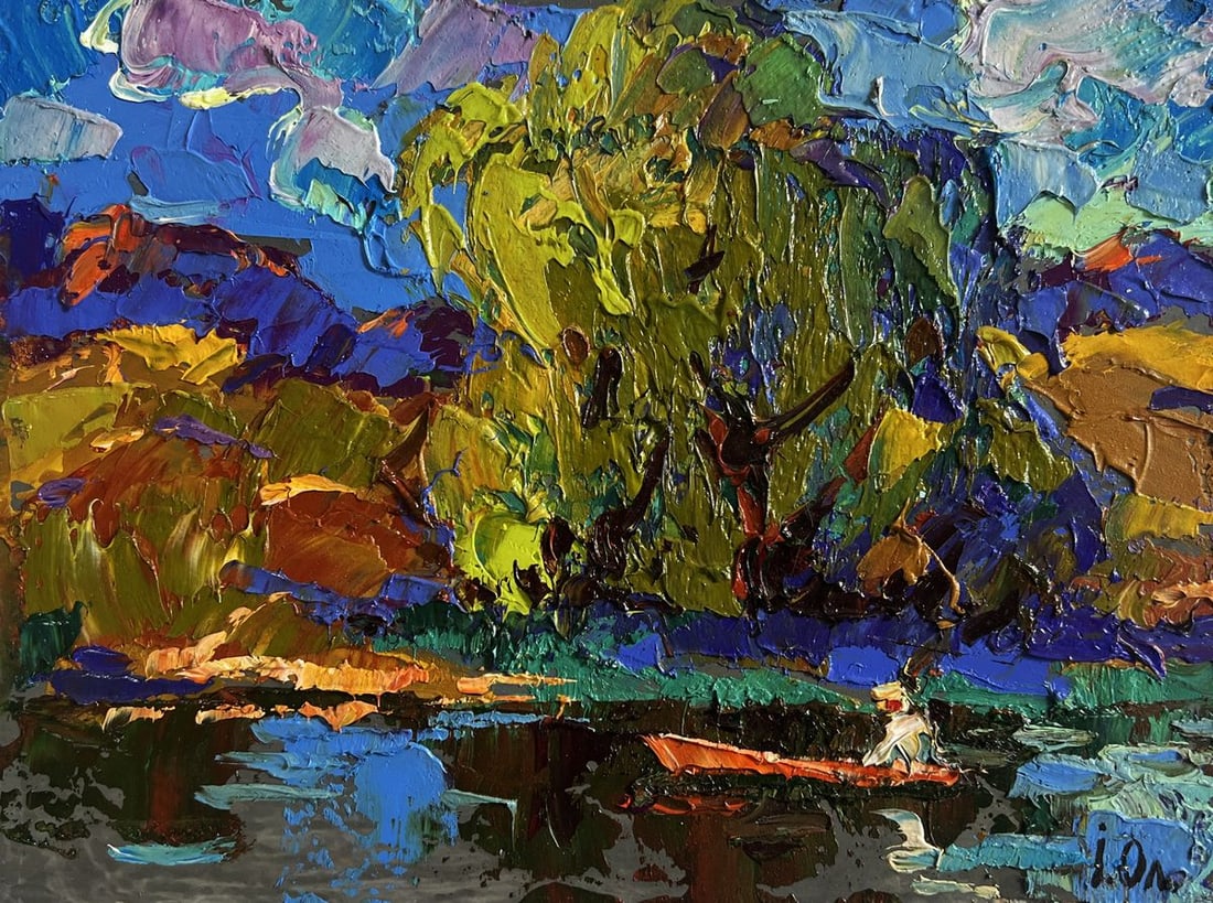 Oil painting The boat is sailing on the lake Alex Kalenyuk: Title: Oil painting The boat is sailing on the lake Alex Kalenyuk Description: №AAA4713 The oil painting on cardboard titled "The Boat is Sailing on the Lake" is a vibrant and atmospheric depict