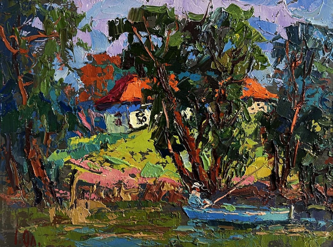 Oil painting Fishing in the summer Alex Kalenyuk: Title: Oil painting Fishing in the summer Alex Kalenyuk Description: №AAA4750 The oil painting on cardboard titled "Fishing in the Summer" vividly captures a peaceful and idyllic moment by the r
