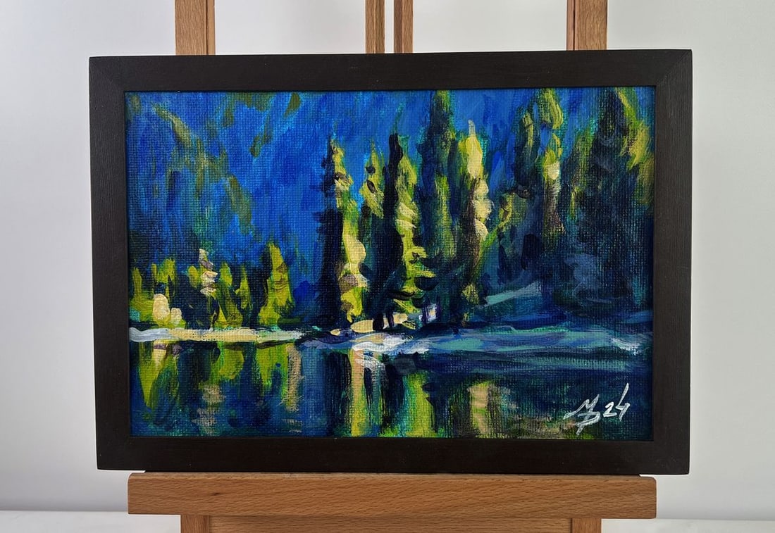 Acrylic painting Summer forest lake Mykhailo Patskan - 2