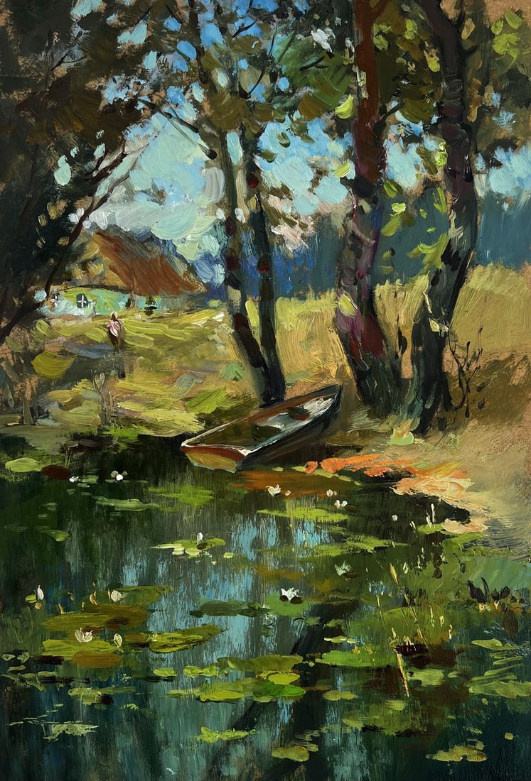 Oil painting Fisherman's boat Yuriy Suprunchuk: Title: Oil painting Fisherman's boat Yuriy Suprunchuk Description: №AAA4958 The oil painting on cardboard titled "Fisherman's Boat" gently immerses the viewer into a peaceful riverside scene, wh