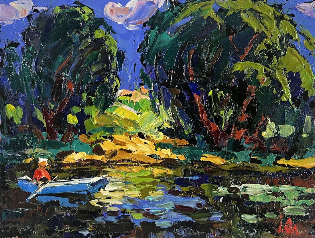 Oil painting Evening colors of the sky Alex Kalenyuk: Title: Oil painting Evening colors of the sky Alex Kalenyuk Description: №AAA5121 The oil painting on Cardboard titled "Evening Colors of the Sky" radiates a captivating harmony between tranquil