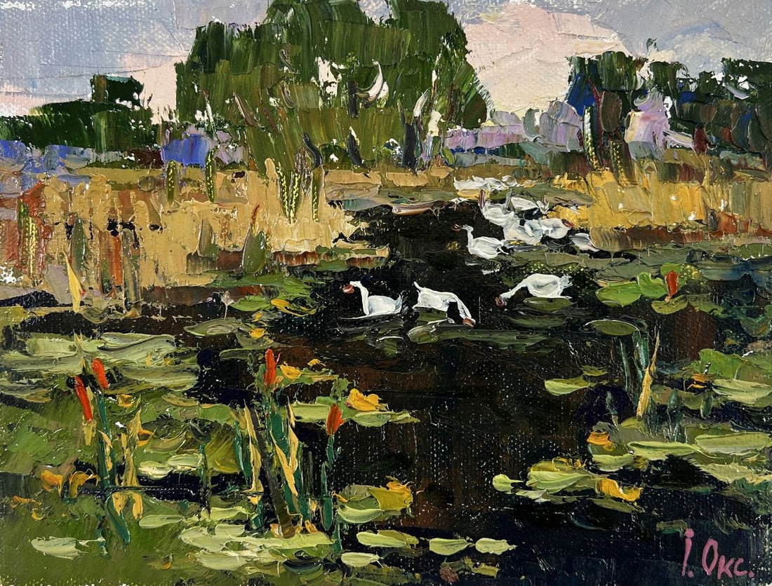 Oil painting Geese in the lake Oksana Ivanyuk: Title: Oil painting Geese in the lake Oksana Ivanyuk Description: №AAA5235 The oil painting on Canvas titled "Geese in the Lake" immerses the viewer in a serene, timeless moment along a countrys