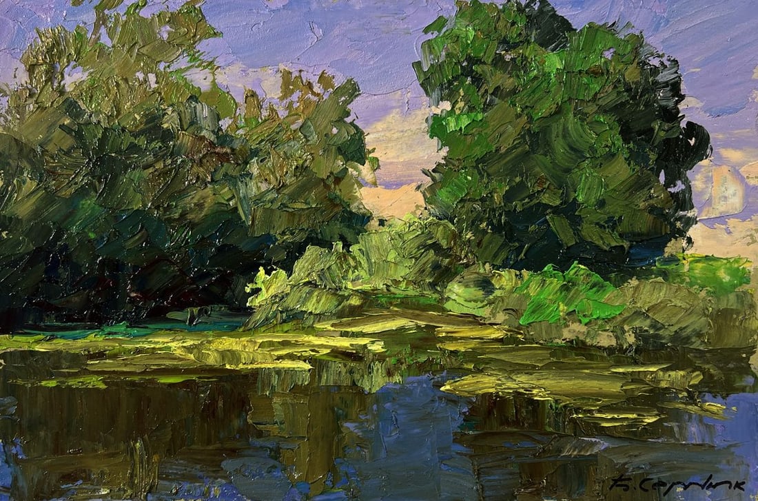 Oil painting Trees near the pond Boris Serdyuk: Title: Oil painting Trees near the pond Boris Serdyuk Description: №AAA5754 The oil painting Cardboard titled "Trees near the pond" draws the viewer into a peaceful yet vibrant natural scene, wh