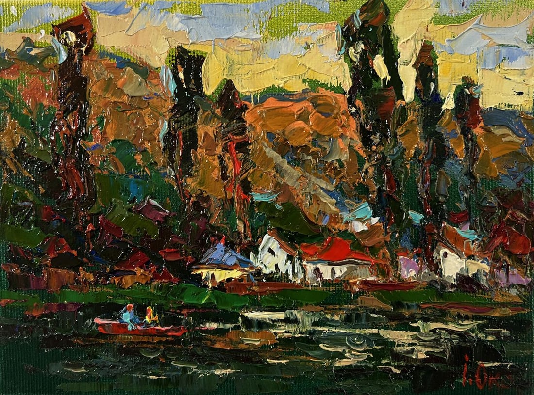 Oil painting Walking around the village lake Oksana Ivanyuk: Title: Oil painting Walking around the village lake Oksana Ivanyuk Description: №AAA5815 The oil painting Canvas titled "Walking around the village lake" beautifully captures the serene charm an